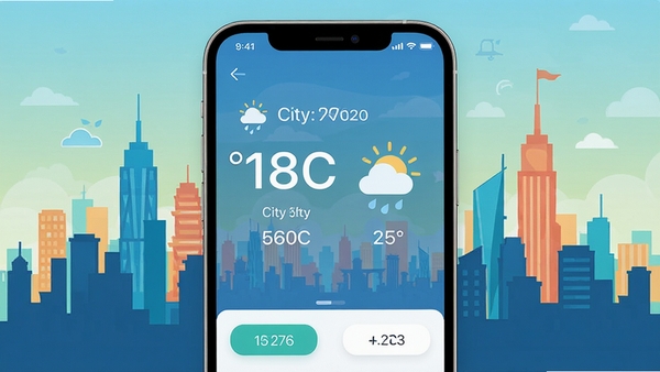 城市天气眼手机应用主界面预览图,画面中央显示当前城市温度与天气状况图标,背景为动态的城市天际线剪影,色调清新明快,UI设计扁平化风格,突出实时天气数据展示。
