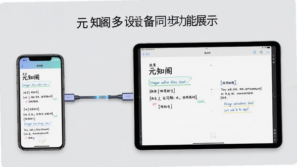 元知阁多设备同步功能展示图，画面左侧为手机，右侧为平板电脑，屏幕中显示相同的学习进度与笔记内容，中间以数据线连接，背景为浅灰色，强调同步与连续性，风格写实简洁