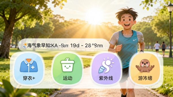 海象天气早知生活指数界面，显示穿衣、运动、紫外线等图标，背景为公园晨跑场景，阳光明媚，图标设计圆润可爱，整体色调明快，风格清新自然