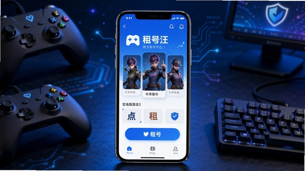 租号汪游戏账号租赁平台主视觉，画面中央是一部亮屏手机，屏幕上显示租号汪应用界面，界面中清晰展示游戏角色皮肤与租号按钮，背景为深蓝色科技感光效与游戏手柄、键盘等元素，整体风格现代、动感，突出安全、便捷的租号服务，画面比例16:9