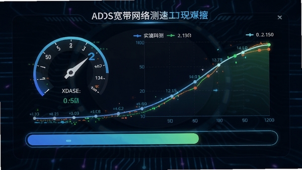 ADSL宽带网络测速工具测速过程动画，进度条滚动，速度曲线上升，界面显示实时数据，背景为深色科技感，数据闪烁动态效果