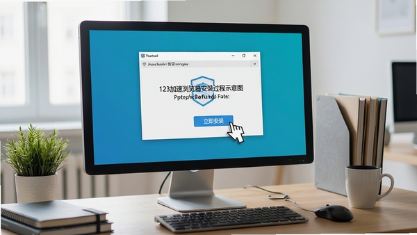 123加速浏览器安装过程示意图，电脑屏幕上显示安装向导界面，鼠标指针指向“立即安装”按钮，周围环境为办公桌，画面清晰，突出安装步骤的简单便捷