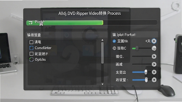 Alldj DVD Ripper视频转换过程示意图，画面显示进度条、输出格式选项与画质参数调节面板，背景为浅灰色工作台场景