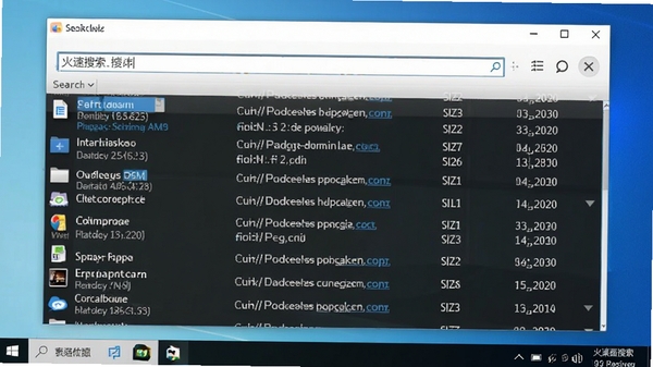 火速桌面搜索主界面预览图，一款运行在Windows桌面上的软件截图，界面简洁清晰，顶部为搜索输入框，下方列表展示搜索结果，包含文件名、所在路径、文件大小、修改日期等详细信息，背景为淡蓝色调，整体风格清爽专业