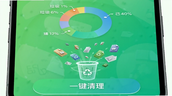 设备智慧管家APP垃圾清理功能界面模拟图，屏幕上半部分显示环形图展示已扫描出的垃圾文件分类占比，下半部分为“一键清理”大按钮，背景为清爽的绿色渐变，周围有代表文件碎片的3D粒子正在被吸入一个发光的回收站图标，画面直观体现深度清理与空间释放。