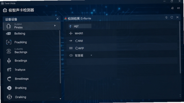 极智声卡检测器主界面截图,左侧为设备列表,右侧显示检测结果,背景为深蓝科技感,界面清晰简洁,整体风格专业,画面比例为16:9