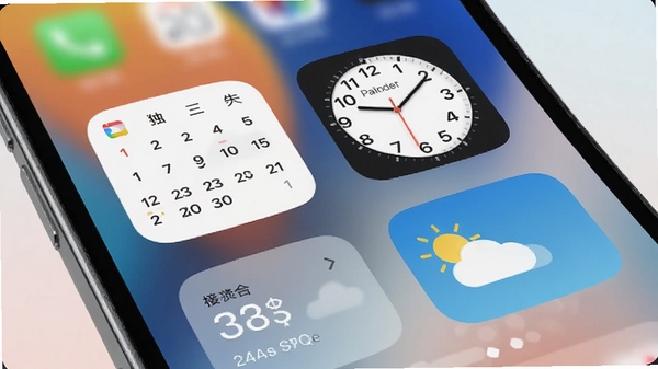 主题小组件主界面效果图，展示手机桌面上一组排列整齐的日历、时钟和天气小组件，背景为简约模糊的渐变色壁纸，画面主体为高精度手机屏幕特写，组件卡片圆角设计，信息清晰可见，整体风格现代简约，光影通透，突出桌面美化与个性定制感