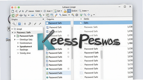 一幅展示KeePass Password Safe软件主界面的高清截图，界面左侧为分组列表，右侧为条目明细，顶部工具栏清晰可见，背景为干净的浅灰色桌面环境，画面主体突出软件logo和密码列表的层次感，整体风格写实清晰。