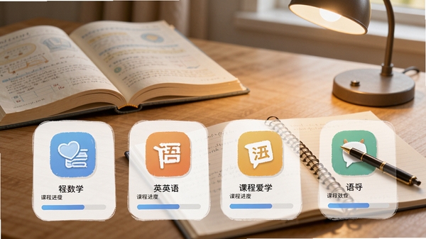 一起爱学APP的课程列表页，展示数学、语文、英语等学科图标，每个学科下方有课程进度条，背景是一张整洁的书桌，上面放着课本和笔记本，整体风格写实温馨，突出学习氛围，界面清晰易读