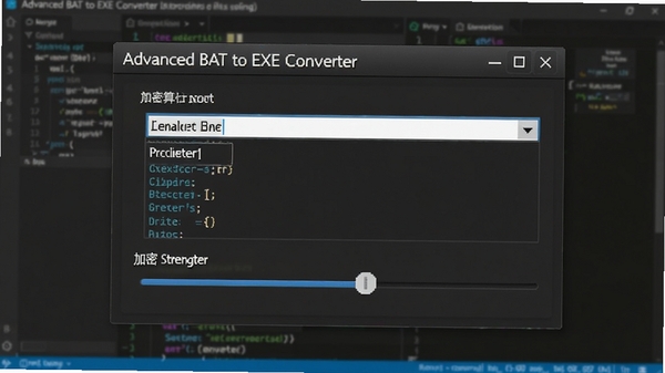 Advanced BAT to EXE Converter 加密选项设置界面，展示算法选择下拉菜单和加密强度滑块，背景为代码编辑器模糊视图，凸显源码保护功能