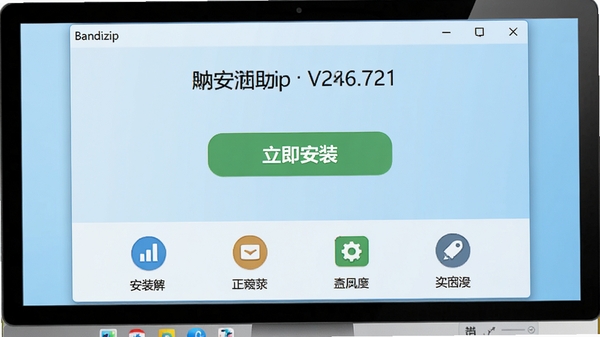 一幅展示Bandizip安装助手主界面的高清电脑截图,界面简洁明亮,上方显示软件名称与版本号,中间为醒目的“立即安装”按钮,下方列出主要功能图标,背景为干净的浅蓝色渐变,整体风格现代专业,适合作为软件介绍首图