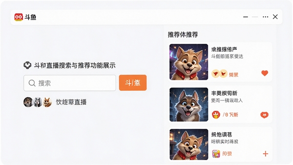 斗鱼直播搜索与推荐功能展示图,画面左侧为搜索框,右侧为个性化推荐列表,背景为浅色界面,突出软件的智能化和便捷性