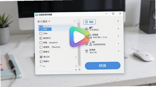 迅捷视频转换器主界面预览,展示清晰的格式选择列表和转换按钮,背景为干净的浅灰色工作台,软件窗口居中显示,图标色彩鲜明,整体风格简洁现代,符合桌面端工具软件的视觉习惯