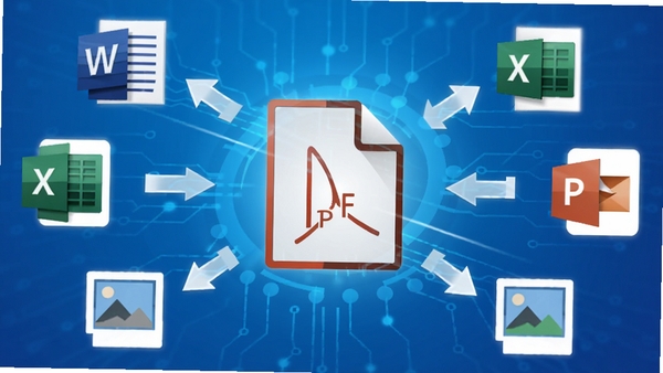 PDF转换编辑器软件功能示意图，画面中央显示一个PDF文件图标，周围环绕着Word、Excel、PPT、图片等格式的图标，箭头指向四周，表示文件格式互转，背景采用蓝色渐变，科技感十足，构图清晰直观