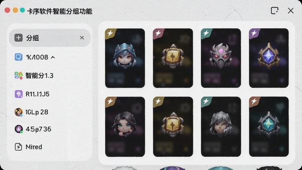 卡序软件智能分组功能截图,左侧为分组列表,右侧为卡片缩略图,背景采用浅灰色质感,突出分类管理效率,卡片上显示稀有度颜色标记