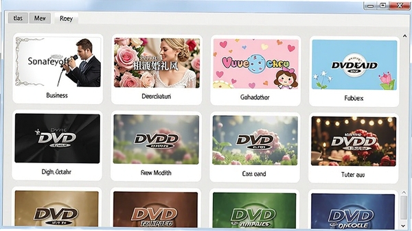 3herosoft dvd maker suite菜单模板选择界面,展示多个不同风格的DVD菜单模板缩略图,包括简约商务风、浪漫婚礼风、可爱卡通风等,窗口采用卡片式布局,背景为浅色,模板预览清晰可见,整体设计美观