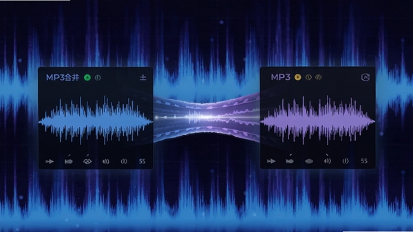MP3合并器无损合并功能示意图，画面中央显示两个音频波形文件正在通过一条光带连接，背景为声波频谱图，色调以蓝紫色为主，强调高保真与专业感
