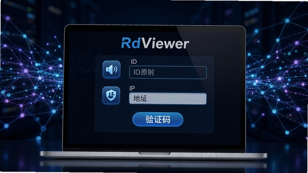RdViewer远程控制连接方式示意图,画面展示笔记本电脑屏幕上有多个连接选项图标,包括ID输入框、IP地址栏和验证码按钮,背景为抽象网络线条,整体科技感强,同时标注RdViewer字样