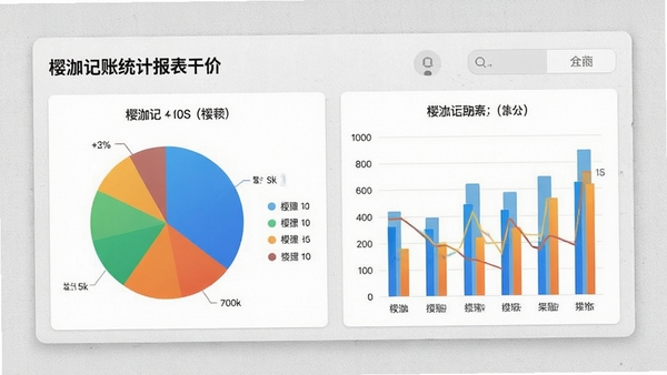 樱木记账统计报表页面,显示彩色饼图和柱状图,数据可视化效果出色,背景为浅灰质感,突出数据分析的清晰与专业