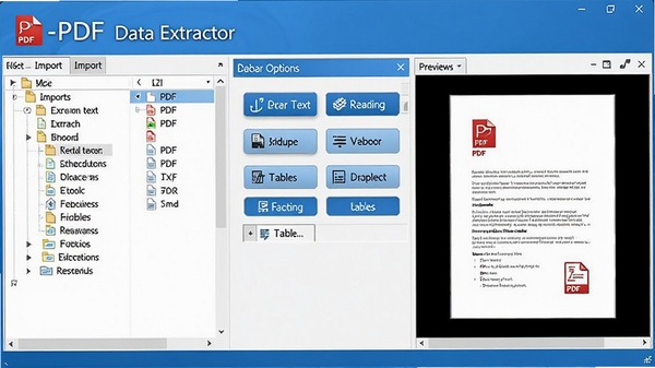 A-PDF Data Extractor软件主界面，展示PDF文件导入列表与提取选项面板，左侧文件树结构，右侧预览窗口，整体界面简洁清晰，采用蓝白配色，现代感设计，包含提取文本、图片、表格的功能按钮，画面明亮，软件logo醒目展示，背景为浅灰色工作台，细节丰富，体现专业文档处理工具定位