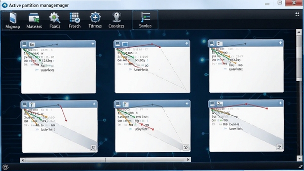 Active partition manager主界面截图,展示清晰的磁盘分区布局和工具栏按钮,背景为深蓝色科技感界面,整体风格简洁专业