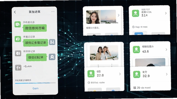 手机克隆互传搬家助手数据迁移过程图，界面显示进度条正在传输微信聊天记录、相册图片、通讯录等数据，文件以卡片形式排列，背景为深色科技感网格，数据线条流动，展现高速与全面