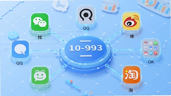 Lo查查社交账号关联查询示意图，画面中央是一个手机号码图标，周围环绕微信、QQ、微博、淘宝等社交平台的小图标，线条连接表示关联关系，背景为浅蓝色网格，整体风格科技感与数据可视化结合，清晰展示关联结果