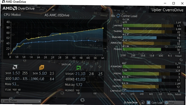 超频工具 AMD OverDrive 主界面预览图，展示 CPU 频率监控曲线与多核心负载状态，背景为深色科技风格电路板纹理，界面布局清晰，图表数据详实，整体氛围专业且富有科技感。