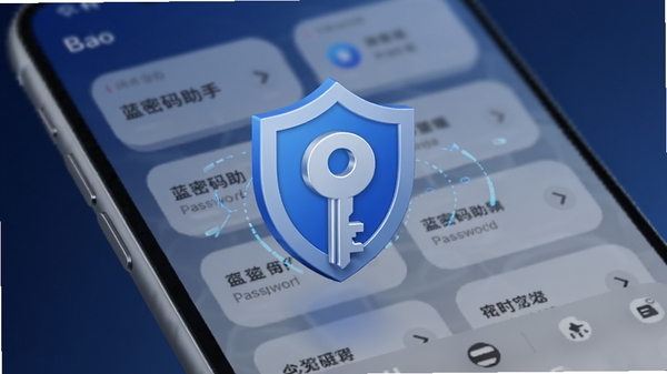 蓝密码助手主界面概览，画面中央悬浮一个蓝色盾牌与钥匙结合的立体图标，背景是毛玻璃质感的手机操作界面，隐约可见密码列表的圆角卡片排列，整体色调深蓝与银灰渐变，科技感十足，画面干净无文字水印