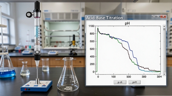 acid-base titration软件主界面截图,展示滴定管、锥形瓶和实时pH曲线,背景为实验室环境,整体风格写实清晰