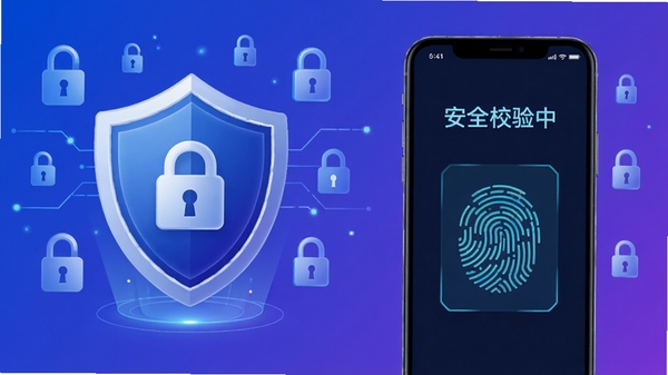 租号汪安全防护功能示意图，画面左侧是一个盾牌图标，右侧为手机界面显示“安全校验中”与指纹验证图案，背景为蓝紫色渐变，点缀数字锁与加密符号，整体风格简洁、专业，传达安全可靠的产品特质，16:9比例