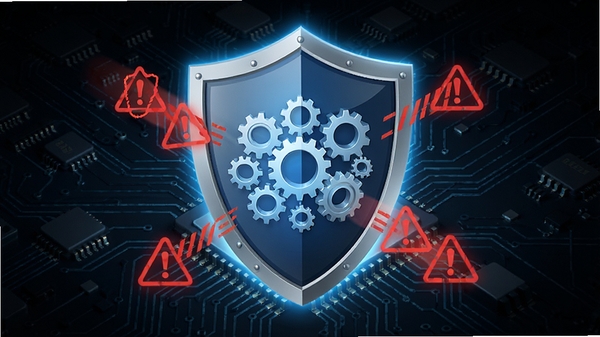 概念图展示Advanced SystemCare 5的实时防护功能，画面中一个盾牌图标守护着齿轮组成的系统核心，周围有红色警告标志被拦截，背景为深色科技感电路板，画面主体为发光盾牌，强调安全防护能力，风格写实，细节丰富