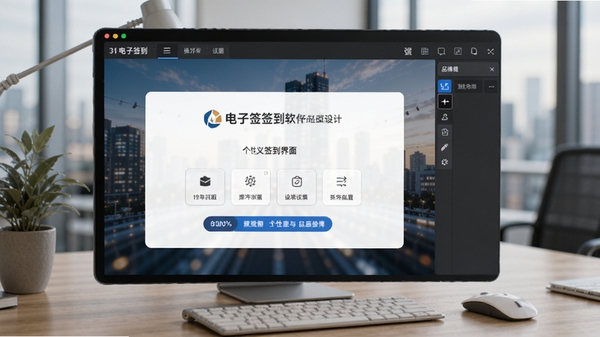 31电子签到软件自定义签到界面设计图，显示企业Logo和背景图设置选项，界面设计器操作中，强调个性化与品牌形象，背景为办公桌面，风格专业