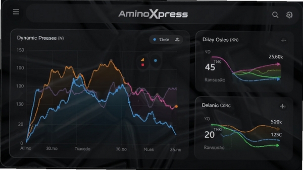 AminoXpress 实时监控功能截图,展示动态的网速曲线图和延迟数据面板,背景为深色半透明玻璃质感界面,数据可视化,科技感强,色彩鲜明