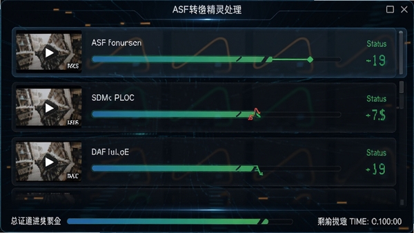 ASF转换精灵批量处理界面，显示多个视频文件正在排队转换，每个文件旁有进度条与状态标识，界面底部显示总进度与剩余时间，整体画面富有科技感