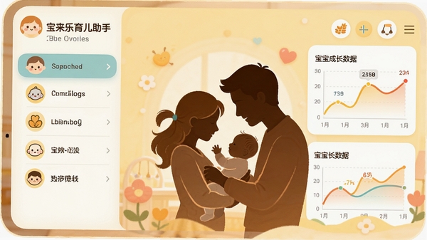 宝来乐育儿助手主界面预览图,展示温馨的家庭育儿场景,主界面左侧为功能导航栏,右侧显示宝宝成长数据曲线,背景为柔和的浅黄色调,整体风格简洁明快,扁平化设计,图标圆润可爱,画面中央有父母与婴儿互动的剪影,色彩温暖明亮,分辨率1920x1080