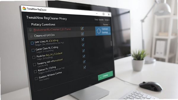 TweakNow RegCleaner 隐私清理功能界面特写，展示可清理的历史记录选项列表，界面有勾选框和清理按钮，背景为简洁的现代办公桌面