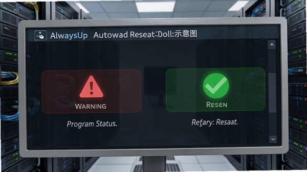 AlwaysUp自动重启功能示意图，画面显示一个监控面板中某个程序状态变为红色警告，随后绿色重启成功，背景为服务器机房场景，风格写实