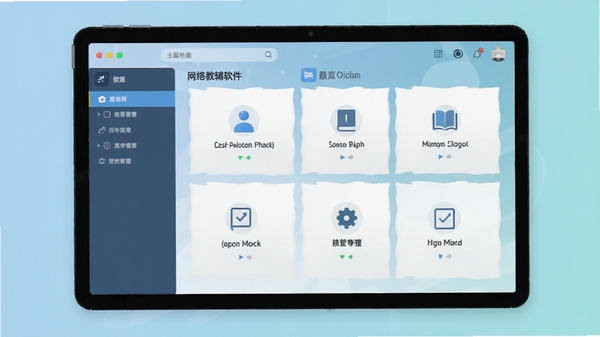 网络教辅软件主界面预览图，展示其清晰的功能分区和现代化的扁平化设计风格，背景为浅色渐变，突出软件的整体质感
