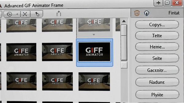 Advanced GIF Animator 帧管理面板特写，显示多帧缩略图排列，其中一帧处于选中高亮状态，旁边有复制、删除等操作按钮，界面细节丰富