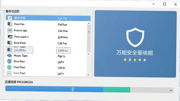 万能打印机驱动软件驱动备份与还原功能操作界面，画面中显示备份文件列表和还原进度条，背景为淡灰色调，突出数据安全与便利性。