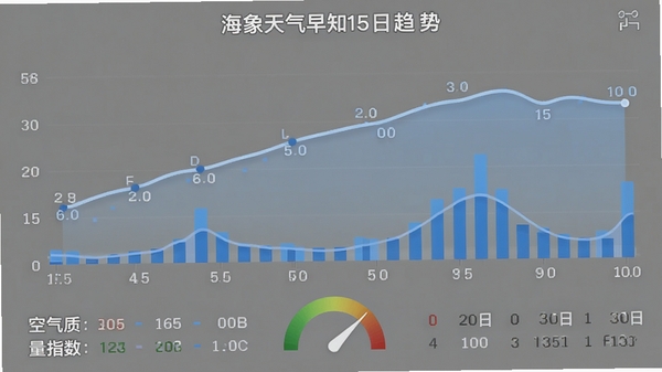 海象天气早知15日趋势折线图,温度曲线平滑,降水概率用蓝色柱状图表示,下方有空气质量指数表盘,整体背景为简约灰色,数据可视化清晰,便于阅读