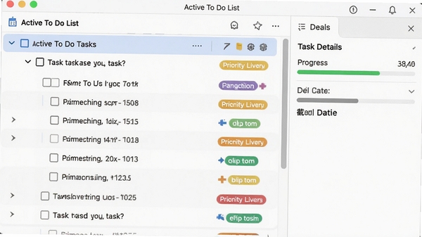 Active To Do List 软件功能展示图，画面中显示多层级任务列表，包含主任务与缩进的子任务，任务前有复选框和优先级彩色标签，右侧有任务详情面板，显示进度条和截止日期，界面清晰展示任务组织逻辑，桌面软件截图风格