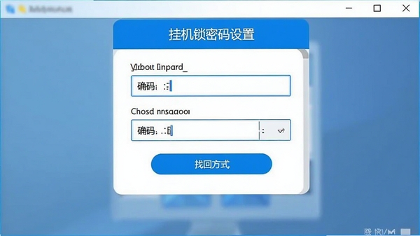 桌面挂机锁密码设置界面截图,展示密码输入框、确认密码框以及找回方式选项,界面布局简洁,按钮清晰,色彩以蓝白为主色调