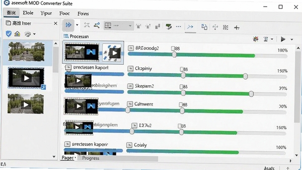 Aiseesoft MOD Converter Suite批量转换功能界面，多个视频文件在转换队列中排列，进度条显示处理状态，背景为浅灰色工作台风格，软件界面细节清晰，突出高效处理能力