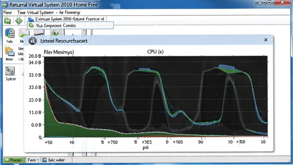 Returnil Virtual System 2010 Home Free 运行时的系统资源占用图表，显示极低的内存与CPU使用率，背景为任务管理器截图，强调其轻量高效的特点