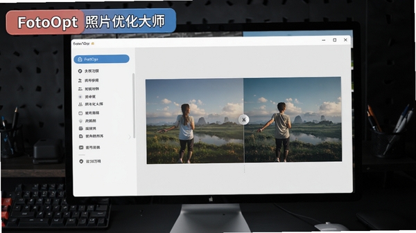 FotoOpt 照片优化大师 主界面预览图，展示软件在电脑屏幕上运行，左侧为功能列表，右侧为图片对比视图，整体界面简洁明亮，背景为深色工作台，突出软件名称标签