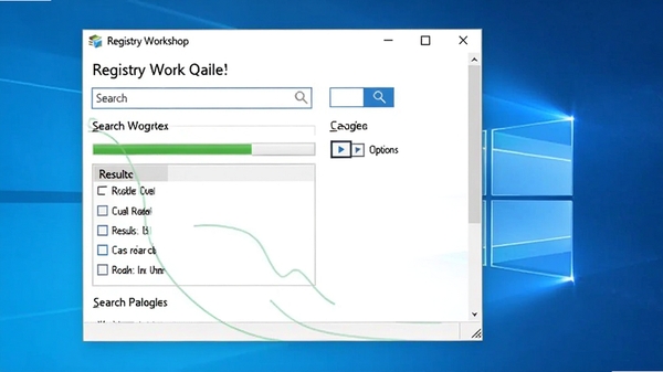 Registry Workshop搜索替换功能界面，突出搜索框与替换选项，背景为清晰的Windows窗口，显示搜索进度与结果列表