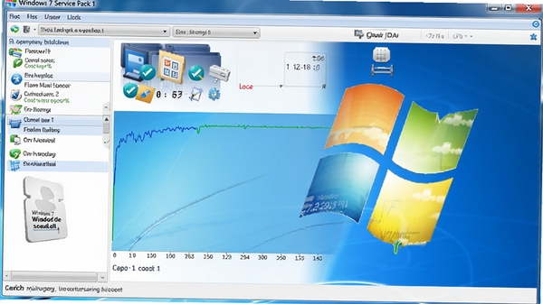 Windows 7 Service Pack 1 系统稳定运行示意图,展示任务管理器CPU使用率曲线平稳,后台多个程序同时运行,画面清晰明亮