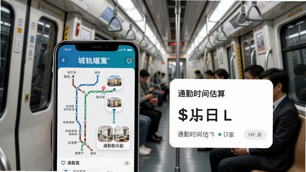 城轨曦寓智能通勤匹配功能演示图，手机屏幕显示地铁线路与房源点位，旁边有通勤时间估算卡片，背景为地铁车厢内景，风格写实，突出软件名称